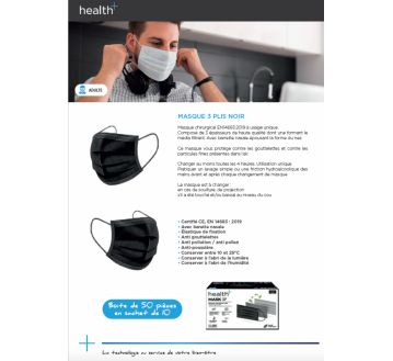 BOITE 50 MASQUES CHIRURGICAUX 3 PLIS NOIRS TYPE II NORME EN14683